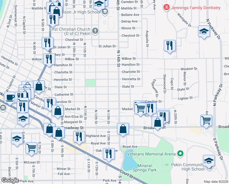 map of restaurants, bars, coffee shops, grocery stores, and more near 1302 State Street in Pekin