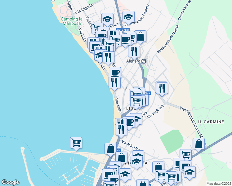 map of restaurants, bars, coffee shops, grocery stores, and more near 33B Via Lido in Alghero