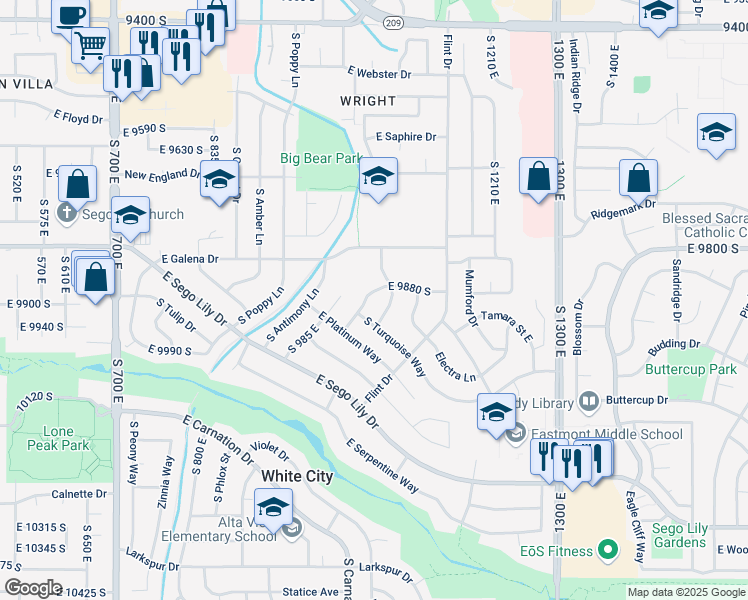 map of restaurants, bars, coffee shops, grocery stores, and more near 9891 South Cobalt Circle in Sandy