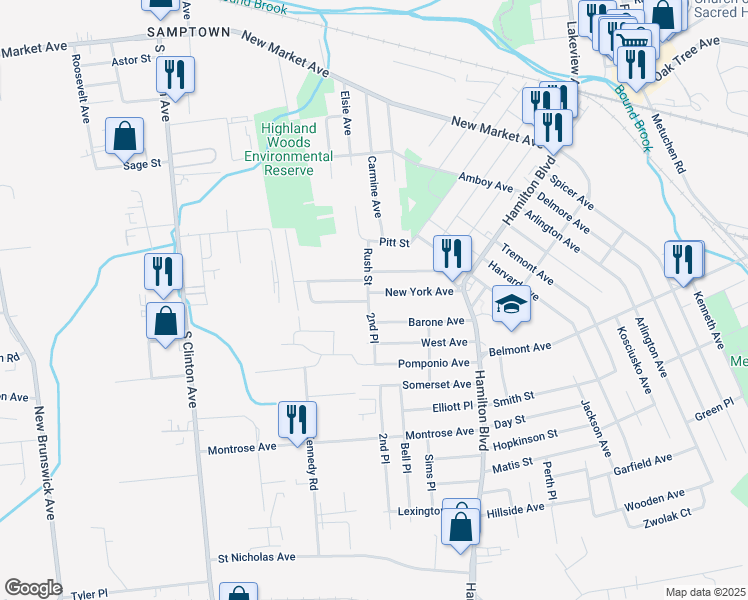 map of restaurants, bars, coffee shops, grocery stores, and more near 201 Woolworth Avenue in South Plainfield
