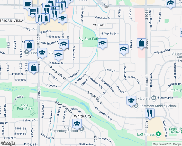 map of restaurants, bars, coffee shops, grocery stores, and more near 9898 Barium Lane in Sandy