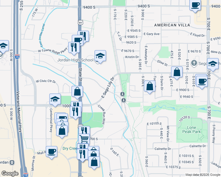 map of restaurants, bars, coffee shops, grocery stores, and more near 132 East Sego Lily Drive in Sandy