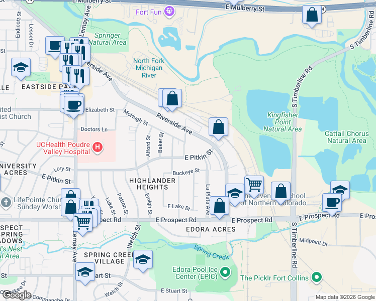 map of restaurants, bars, coffee shops, grocery stores, and more near 1150 Montgomery Street in Fort Collins