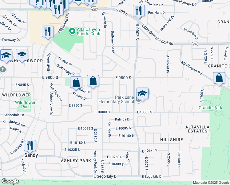 map of restaurants, bars, coffee shops, grocery stores, and more near 9887 Wimbleton Drive in Sandy