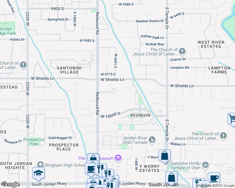 map of restaurants, bars, coffee shops, grocery stores, and more near 1600 Merit Parkway in South Jordan