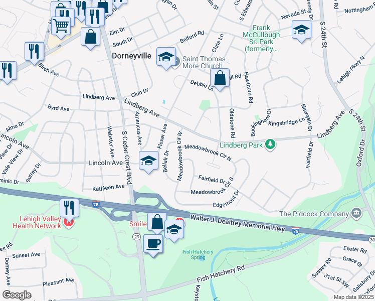 map of restaurants, bars, coffee shops, grocery stores, and more near 3070 Meadowbrook Circle North in Allentown