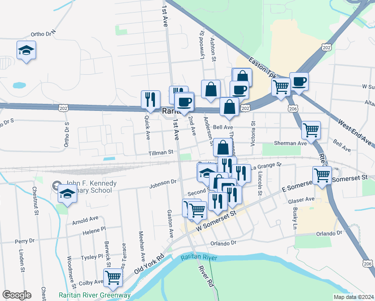 map of restaurants, bars, coffee shops, grocery stores, and more near 9 5th Street in Raritan