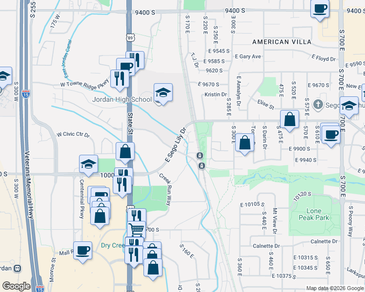 map of restaurants, bars, coffee shops, grocery stores, and more near 132 East Sego Lily Drive in Sandy