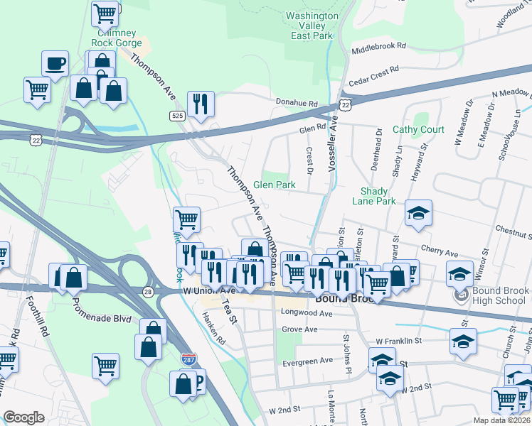 map of restaurants, bars, coffee shops, grocery stores, and more near 14 Village Court in Bound Brook