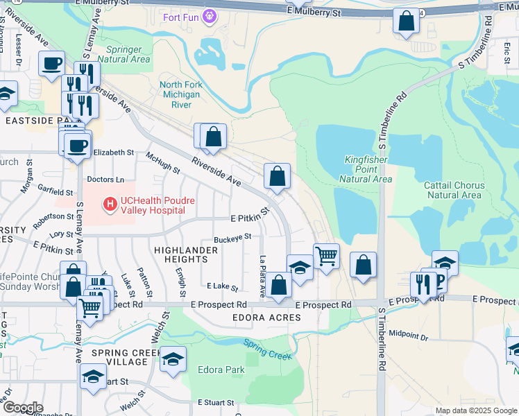 map of restaurants, bars, coffee shops, grocery stores, and more near 1537 Riverside Avenue in Fort Collins