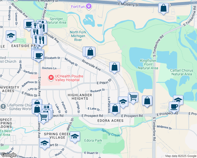 map of restaurants, bars, coffee shops, grocery stores, and more near 1150 Montgomery Street in Fort Collins