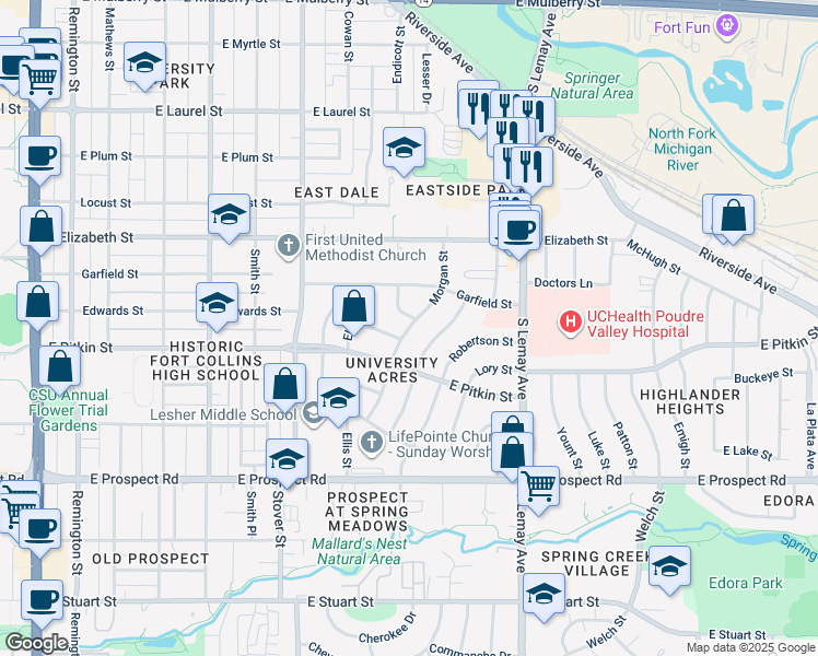 map of restaurants, bars, coffee shops, grocery stores, and more near 1113 Williams Street in Fort Collins