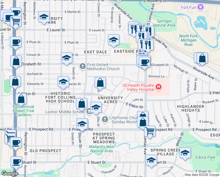 map of restaurants, bars, coffee shops, grocery stores, and more near 1113 Williams Street in Fort Collins