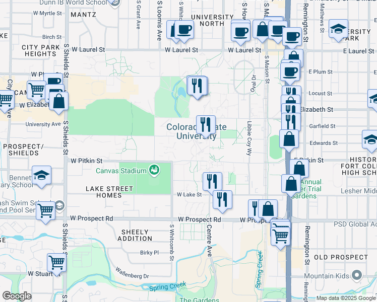 map of restaurants, bars, coffee shops, grocery stores, and more near 500 West Pitkin Street in Fort Collins