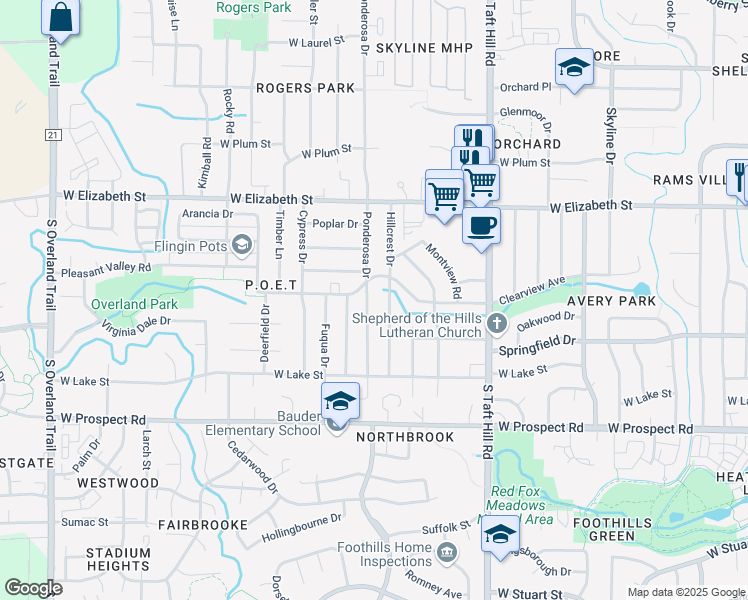 map of restaurants, bars, coffee shops, grocery stores, and more near 1102 Ponderosa Drive in Fort Collins