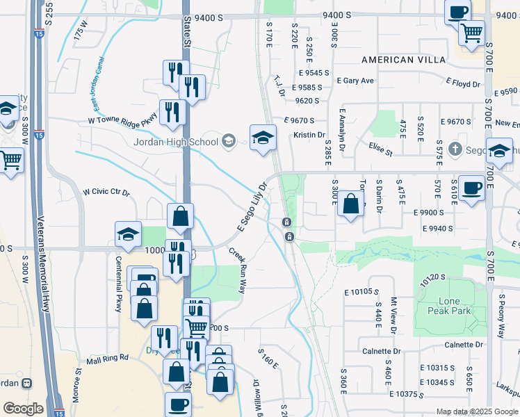 map of restaurants, bars, coffee shops, grocery stores, and more near 132 East Sego Lily Drive in Sandy