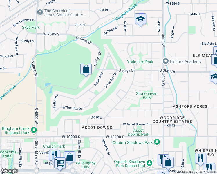 map of restaurants, bars, coffee shops, grocery stores, and more near 9876 Tee Box Drive in South Jordan