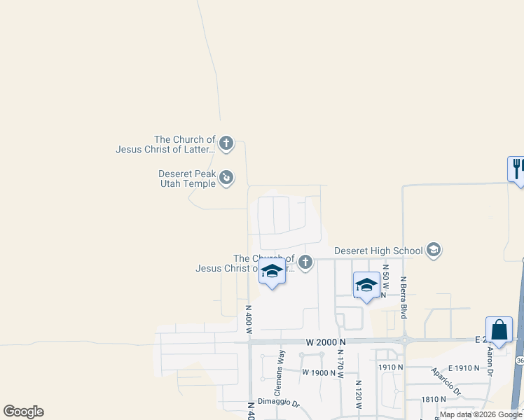 map of restaurants, bars, coffee shops, grocery stores, and more near 2313 North 370 West in Tooele