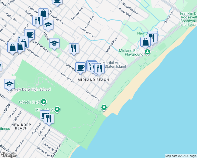 map of restaurants, bars, coffee shops, grocery stores, and more near 593 Midland Avenue in Staten Island