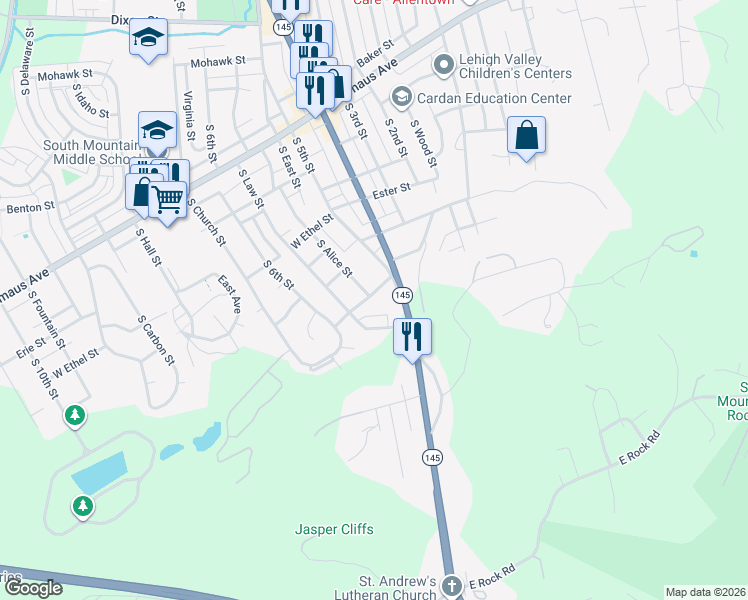 map of restaurants, bars, coffee shops, grocery stores, and more near 2602 South 5th Street in Allentown