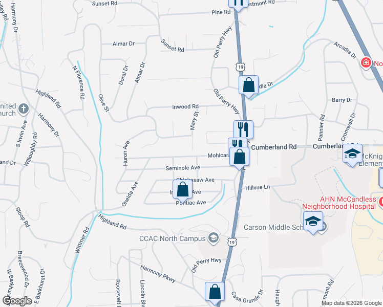 map of restaurants, bars, coffee shops, grocery stores, and more near 9101 Mary Avenue in Pittsburgh