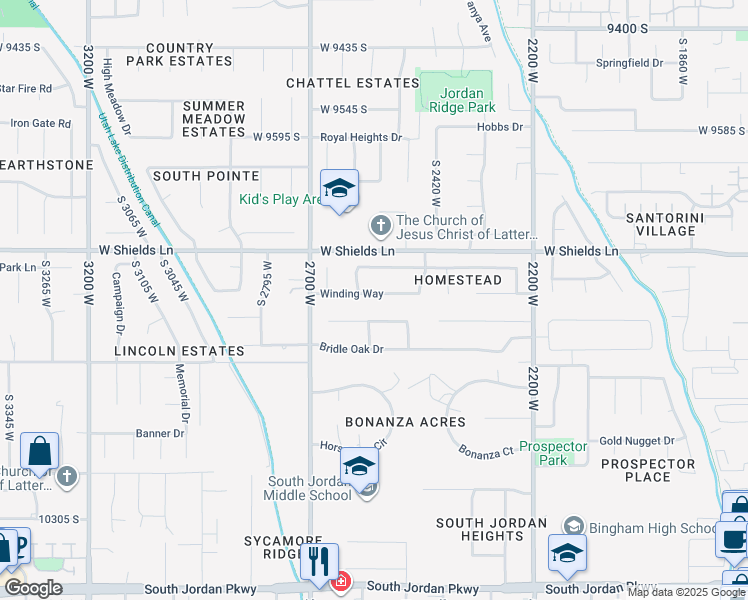 map of restaurants, bars, coffee shops, grocery stores, and more near 2551 Winding Way in South Jordan