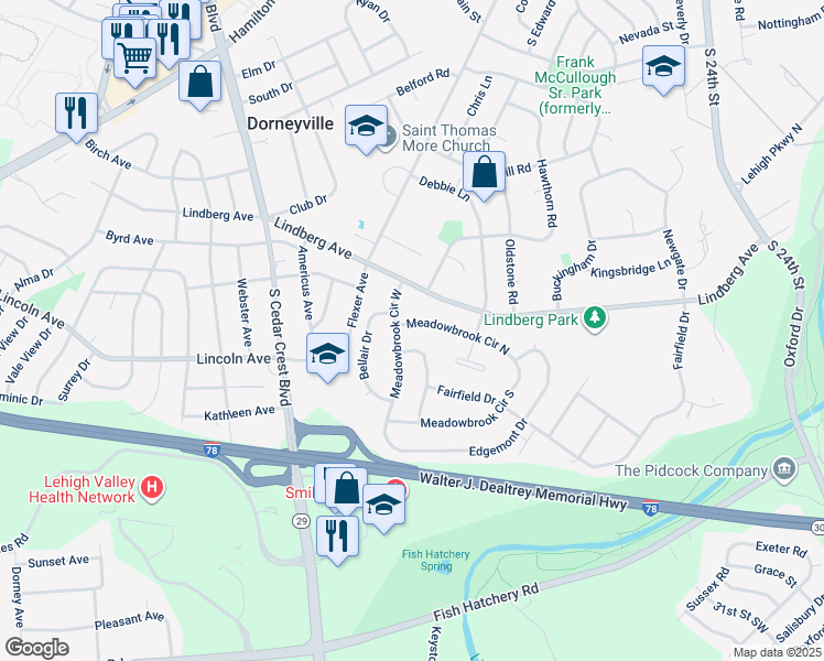 map of restaurants, bars, coffee shops, grocery stores, and more near 3070 Meadowbrook Circle North in Allentown