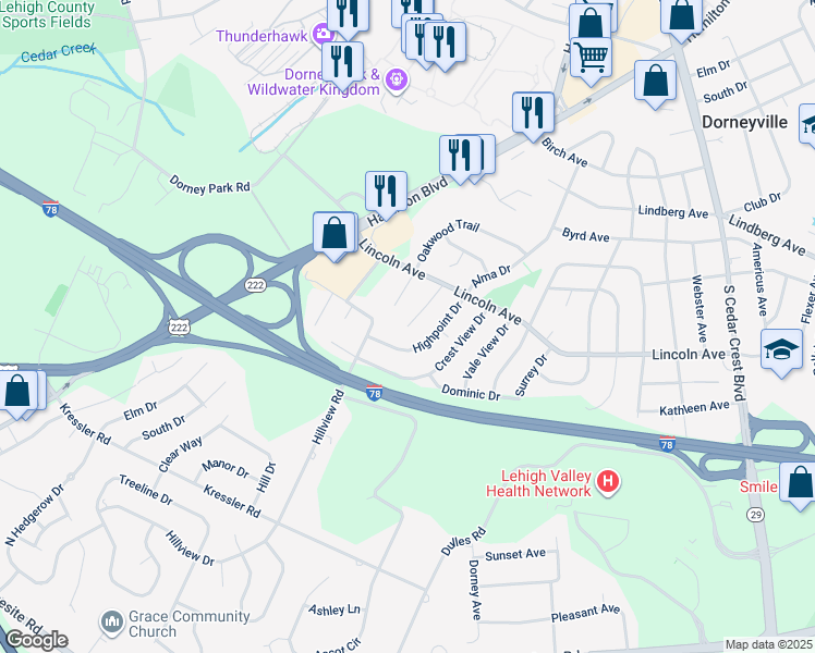 map of restaurants, bars, coffee shops, grocery stores, and more near 5139 Dogwood Trail in Allentown