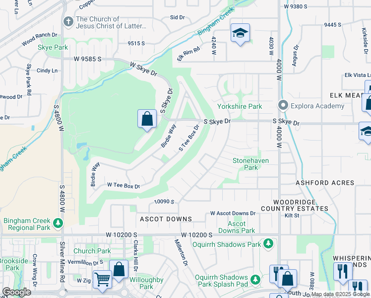 map of restaurants, bars, coffee shops, grocery stores, and more near 9876 Tee Box Drive in South Jordan