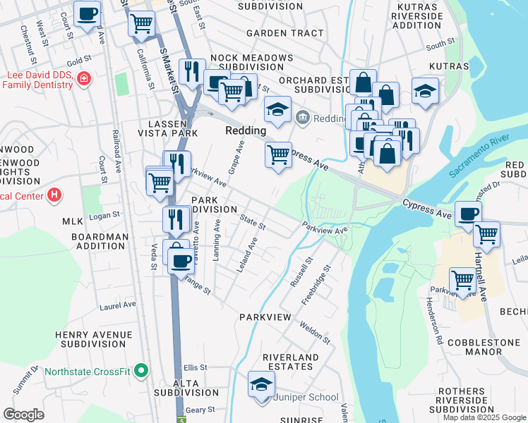 map of restaurants, bars, coffee shops, grocery stores, and more near 2510 Leland Avenue in Redding
