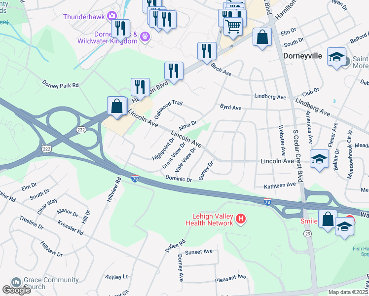 map of restaurants, bars, coffee shops, grocery stores, and more near 3712 Crest View Drive in Allentown
