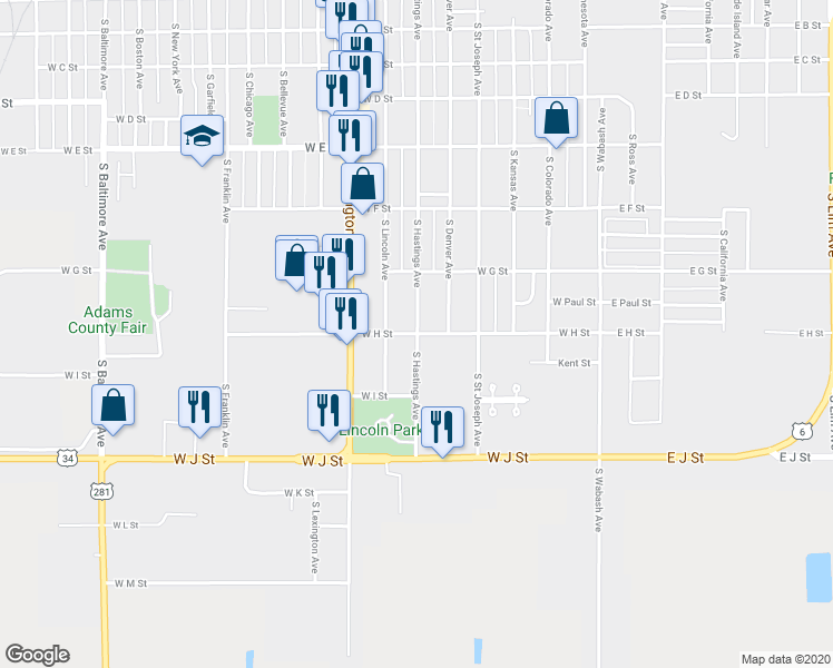 map of restaurants, bars, coffee shops, grocery stores, and more near 1000 South Hastings Avenue in Hastings