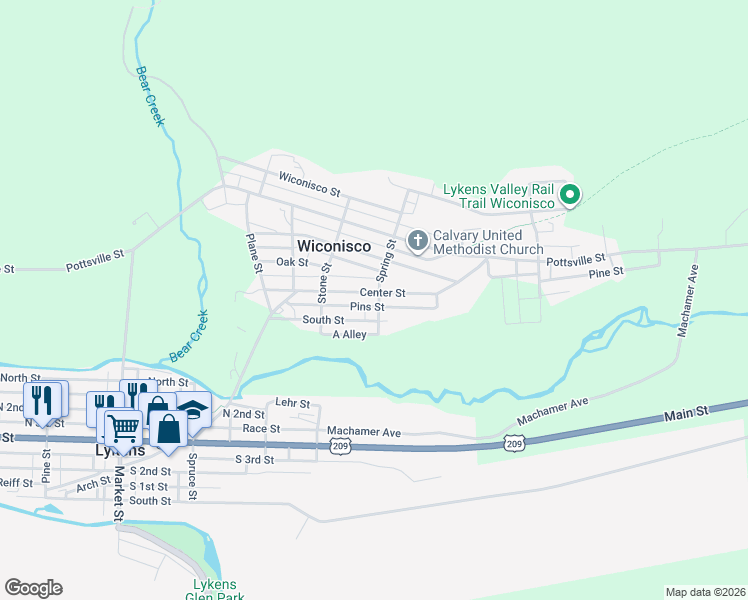 map of restaurants, bars, coffee shops, grocery stores, and more near 504 Center Street in Lykens