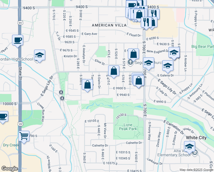 map of restaurants, bars, coffee shops, grocery stores, and more near 9888 South 475 East in Sandy