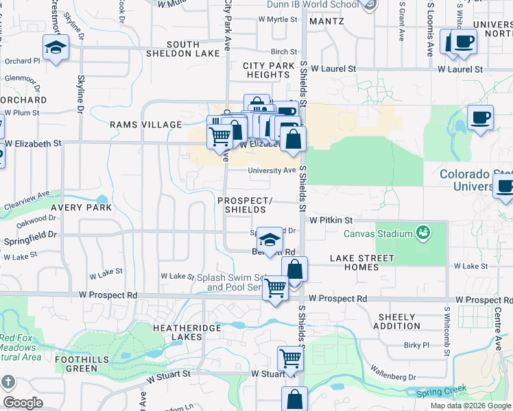 map of restaurants, bars, coffee shops, grocery stores, and more near 1228 Westward Drive in Fort Collins