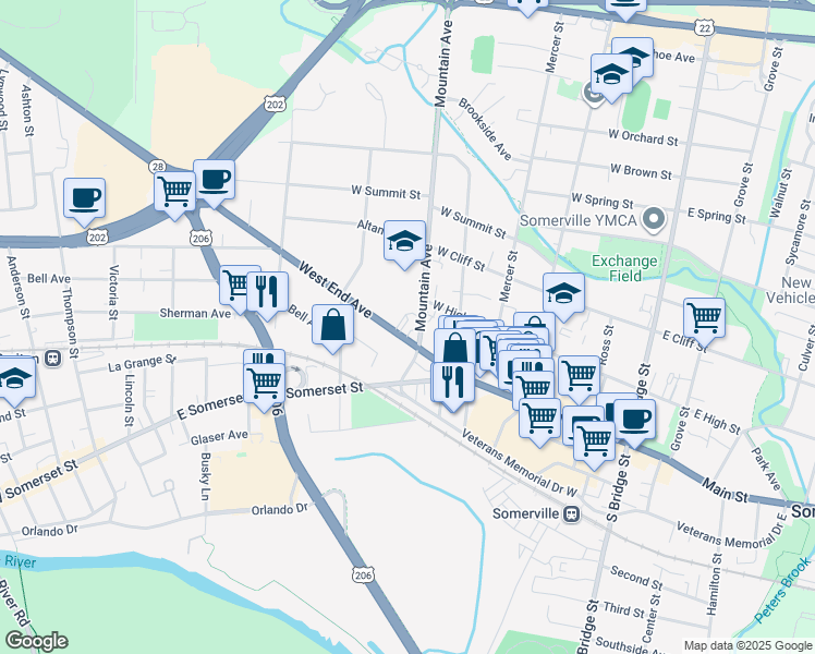 map of restaurants, bars, coffee shops, grocery stores, and more near 21 Mountain Avenue in Somerville