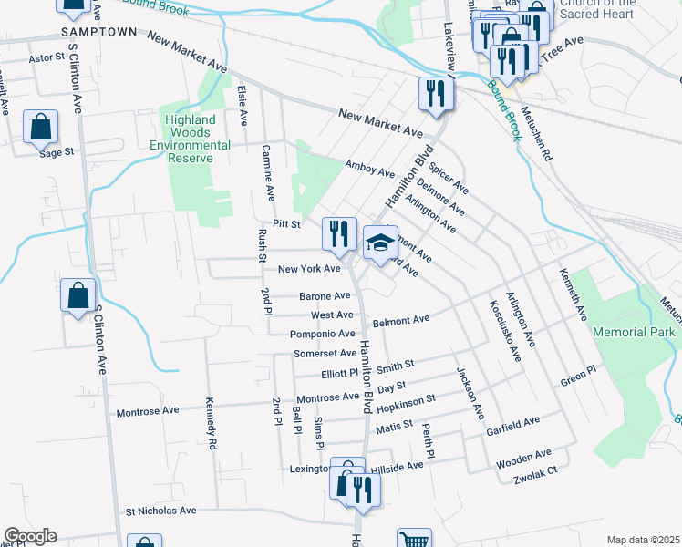 map of restaurants, bars, coffee shops, grocery stores, and more near 1107 Hamilton Boulevard in South Plainfield