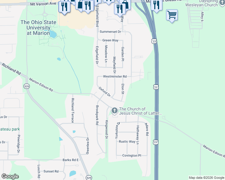 map of restaurants, bars, coffee shops, grocery stores, and more near 743 Mayfield Drive in Marion