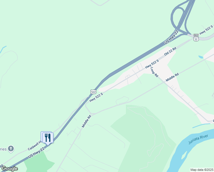 map of restaurants, bars, coffee shops, grocery stores, and more near Highway 522 South in Mifflin County