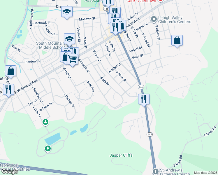 map of restaurants, bars, coffee shops, grocery stores, and more near 2496 South 6th Street in Allentown