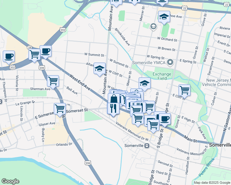 map of restaurants, bars, coffee shops, grocery stores, and more near 195 West High Street in Somerville