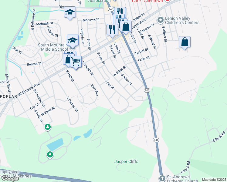 map of restaurants, bars, coffee shops, grocery stores, and more near 2496 South 6th Street in Allentown