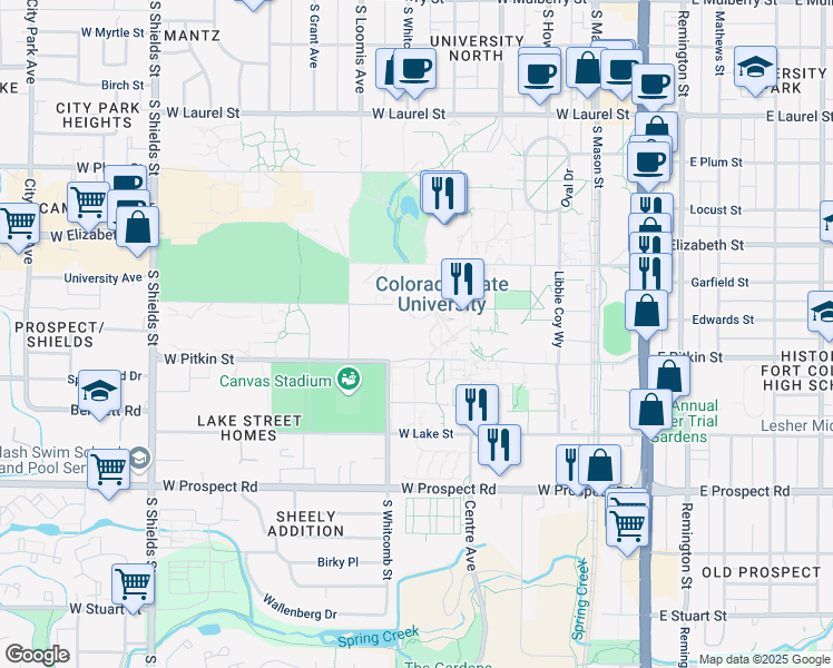 map of restaurants, bars, coffee shops, grocery stores, and more near 500 West Pitkin Street in Fort Collins