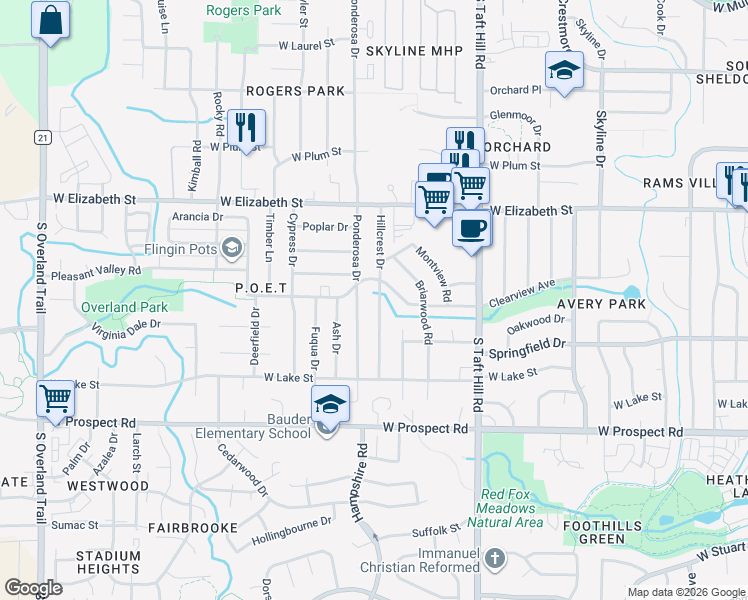 map of restaurants, bars, coffee shops, grocery stores, and more near 1102 Ponderosa Drive in Fort Collins