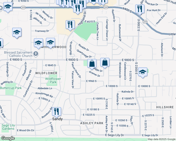 map of restaurants, bars, coffee shops, grocery stores, and more near 9866 Solomon Circle in Sandy