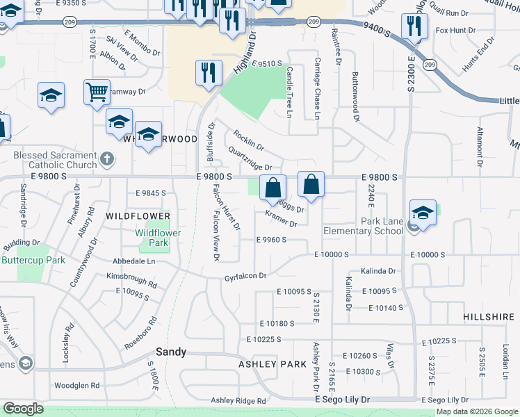 map of restaurants, bars, coffee shops, grocery stores, and more near 9866 Solomon Circle in Sandy
