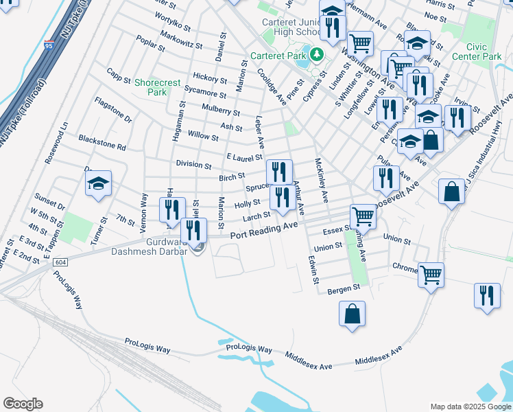 map of restaurants, bars, coffee shops, grocery stores, and more near 157 Holly Street in Woodbridge Township