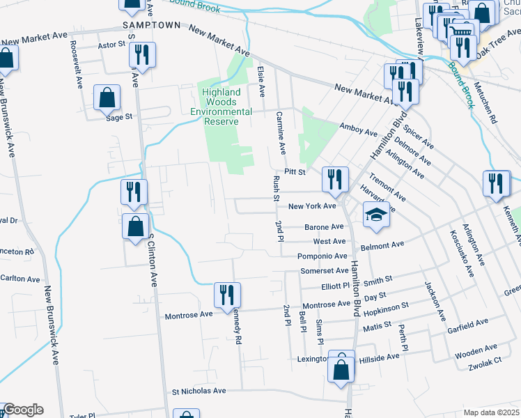 map of restaurants, bars, coffee shops, grocery stores, and more near 221 Woolworth Avenue in South Plainfield