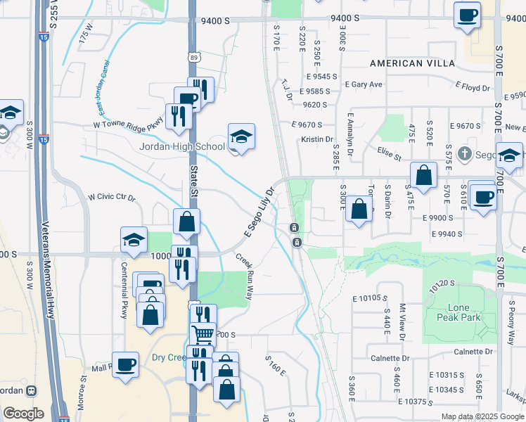map of restaurants, bars, coffee shops, grocery stores, and more near 99 East Sego Lily Drive in Sandy