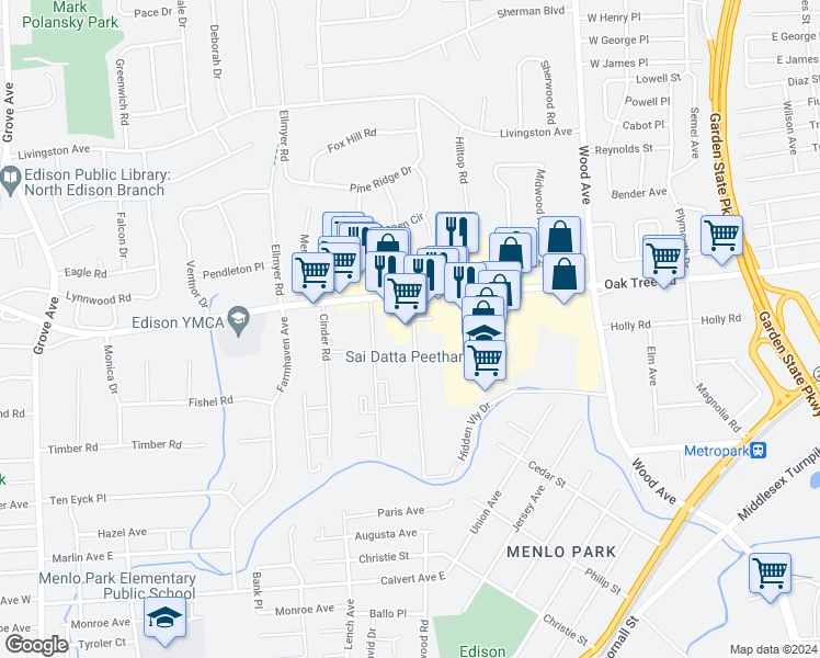 map of restaurants, bars, coffee shops, grocery stores, and more near 1677 Oak Tree Road in Edison